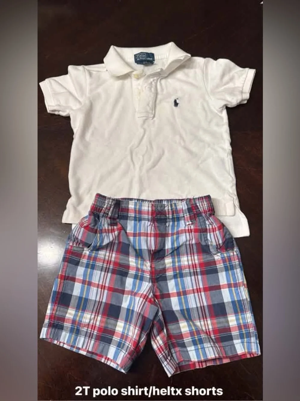 Ralph Lauren White Polo Shirt with Navy Pony & Red Blue plaid shorts
